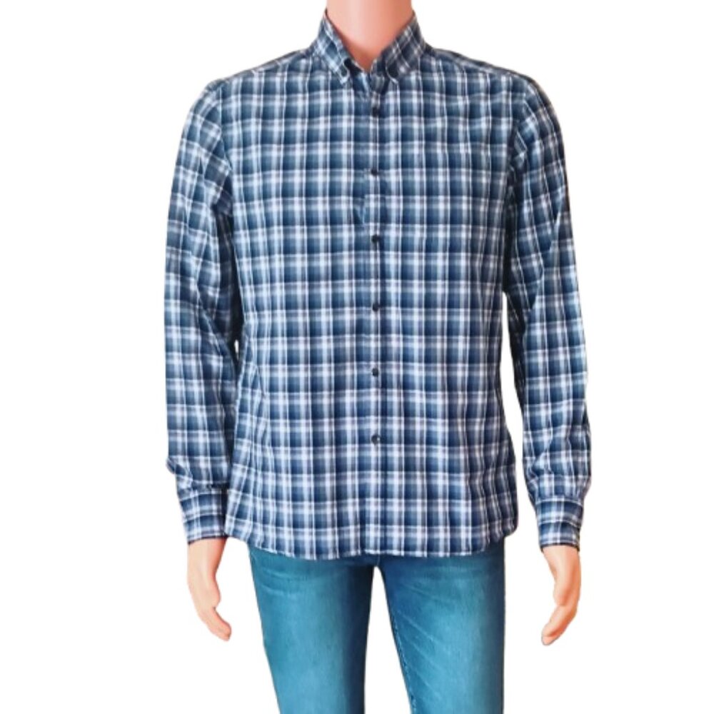 Kenneth Cole Snap Front Shirt M Blue Plaid Long Sleeve Button Collar Frt Pocket